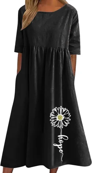 Women's Casual Short Sleeve Summer Long Dress Fashion Floral Print Pleated Loose Dress Comfort Lounge Dress