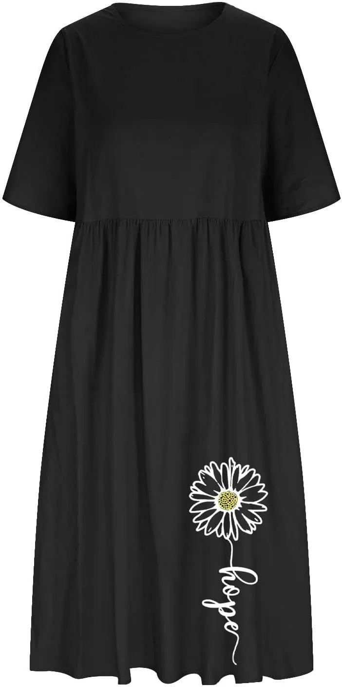 Women's Casual Short Sleeve Summer Long Dress Fashion Floral Print Pleated Loose Dress Comfort Lounge Dress