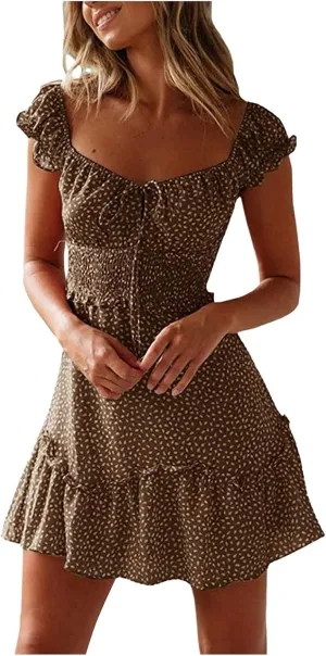 Womens Casual Summer Maxi Dress Short Sleeve V Neck Floral Print Boho Beach Dress Tiered Ruffle Smocked Waist Pockets