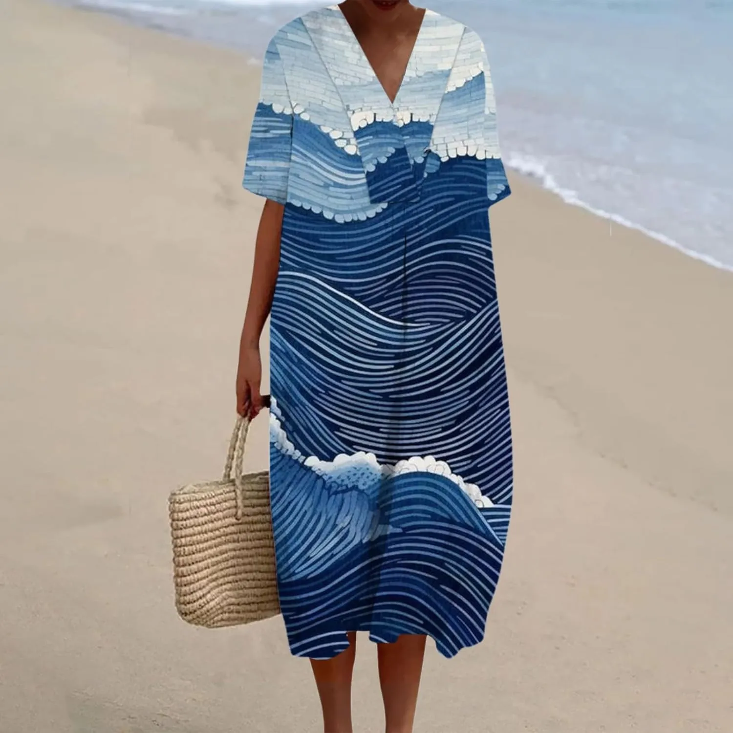 Women's Casual Sundress 2025 Summer Boho Beach Dress Short Sleeve T-Shirts Dress V Neck Loose Tank Dresses