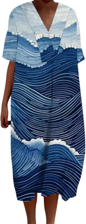 Women's Casual Sundress 2025 Summer Boho Beach Dress Short Sleeve T-Shirts Dress V Neck Loose Tank Dresses