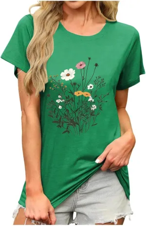Womens Casual Tops Cap Sleeves Round Neck Loose fit Tunic Top T-Shirts Floral Graphic Comfy Spring Summer Tee Shirts