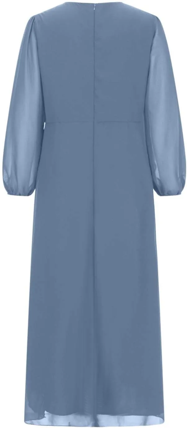 Womens Chiffon Midi Dress Sexy V Neck 3/4 Sleeve Wedding Dress Solid Color High Waist Long Dress Fashion Flowy Dress