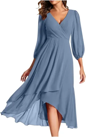 Womens Chiffon Midi Dress Sexy V Neck 3/4 Sleeve Wedding Dress Solid Color High Waist Long Dress Fashion Flowy Dress