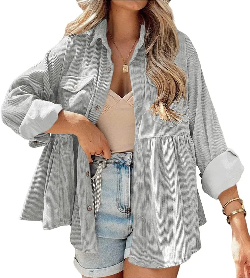 Womens Corduroy Peplum Shirts Tops Cute Long Sleeve Button Down Blouses with Pockets