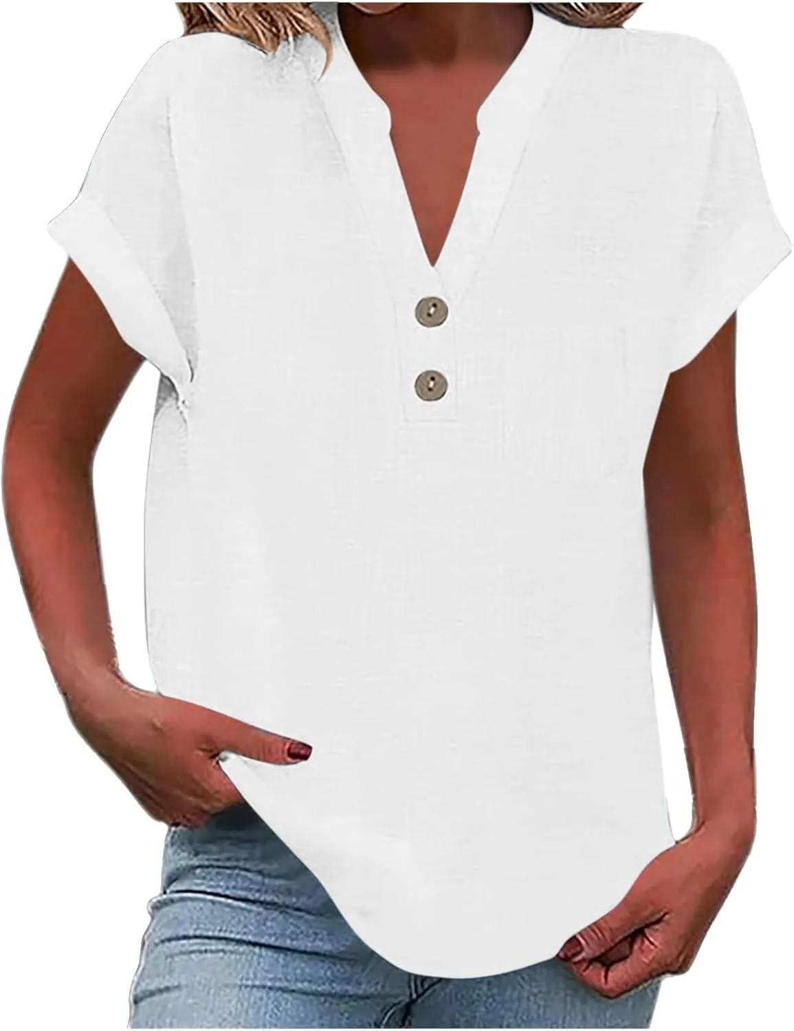 Womens Cotton Gauze Tops Linen Summer Blouses V Neck Short Sleeve Shirts Dressy Casual Tunics Beach Vacation Clothing
