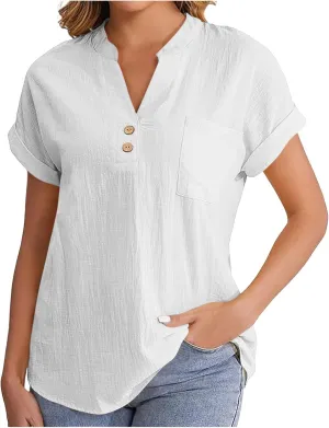 Womens Cotton Gauze Tops Linen Summer Blouses V Neck Short Sleeve Shirts Dressy Casual Tunics Beach Vacation Clothing