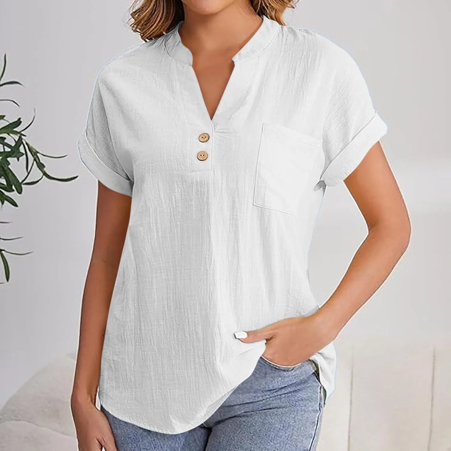 Womens Cotton Gauze Tops Linen Summer Blouses V Neck Short Sleeve Shirts Dressy Casual Tunics Beach Vacation Clothing