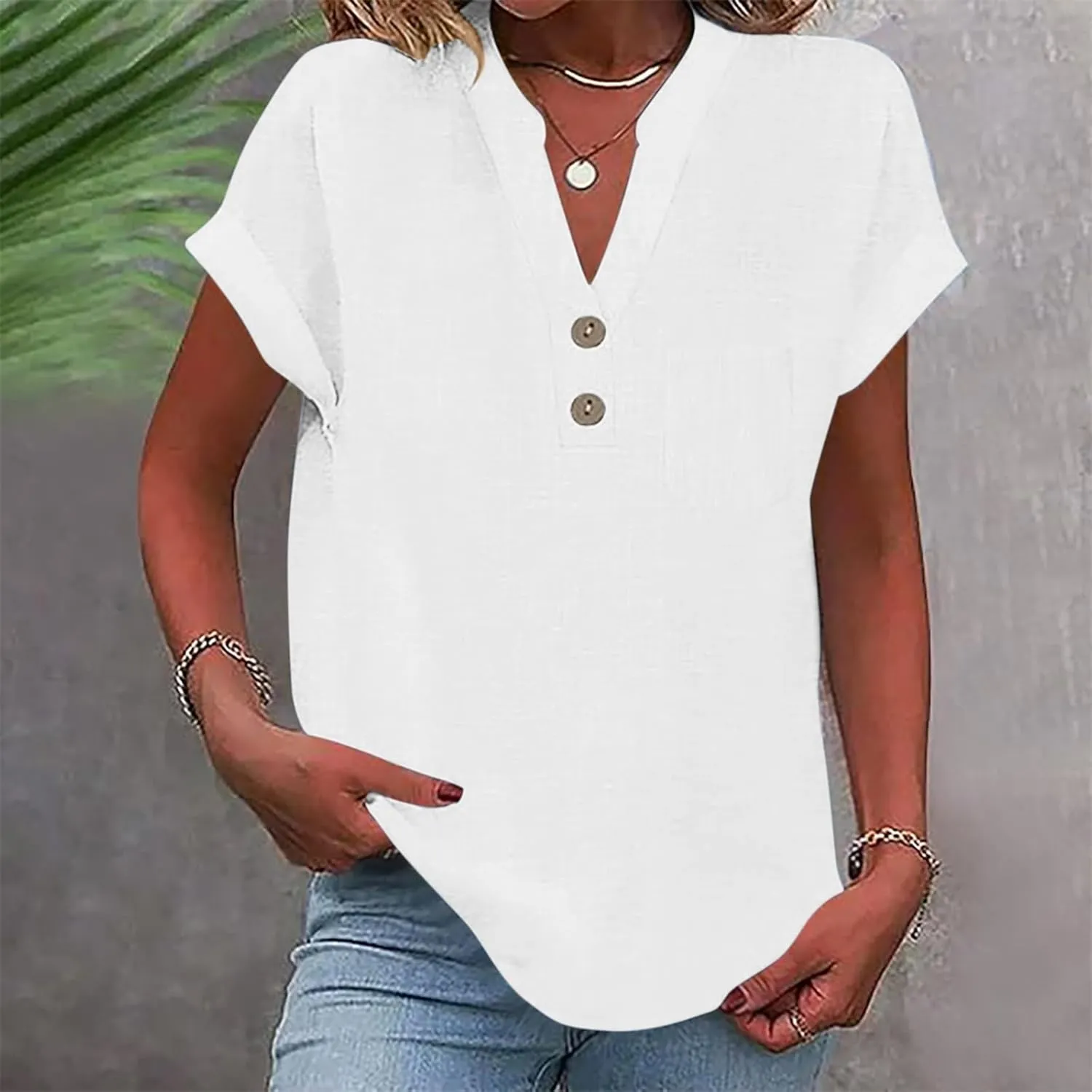 Womens Cotton Gauze Tops Linen Summer Blouses V Neck Short Sleeve Shirts Dressy Casual Tunics Beach Vacation Clothing