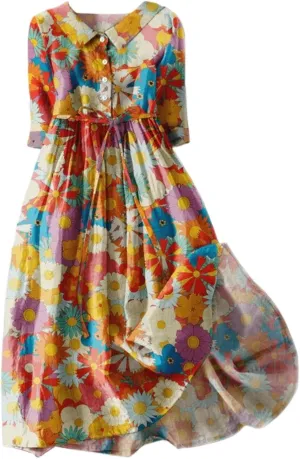 Women's Cotton Linen Casual Dresses 2024 Boho Flowy Dress Flowy Summer Midi Dresses Dressy Ladies Trendy Clothing