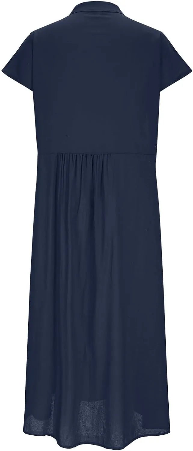 Women's Cotton Linen Dress Casual Button Up Cap Sleeve Loose Fit Long Dress Summer Fashion Comfort Lounge Sundress