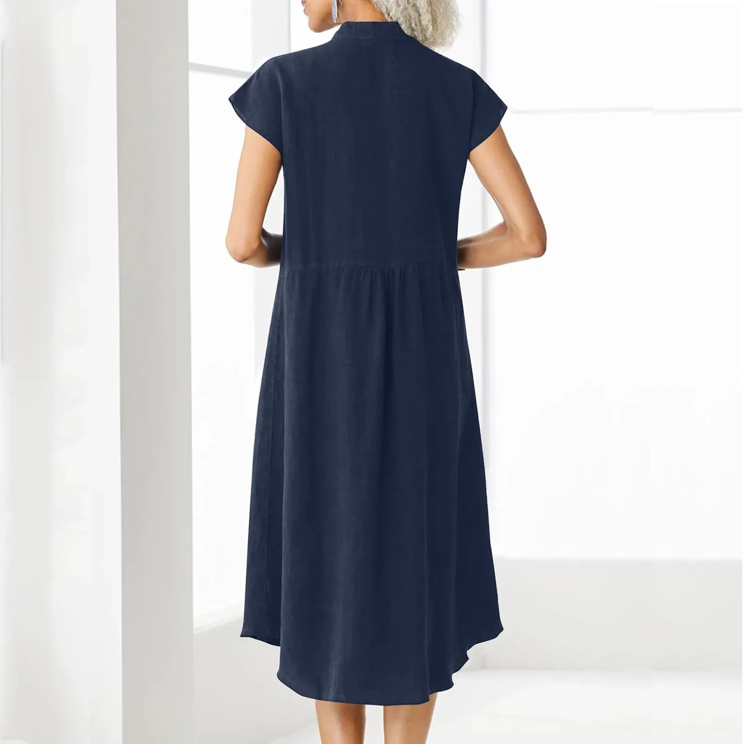 Women's Cotton Linen Dress Casual Button Up Cap Sleeve Loose Fit Long Dress Summer Fashion Comfort Lounge Sundress