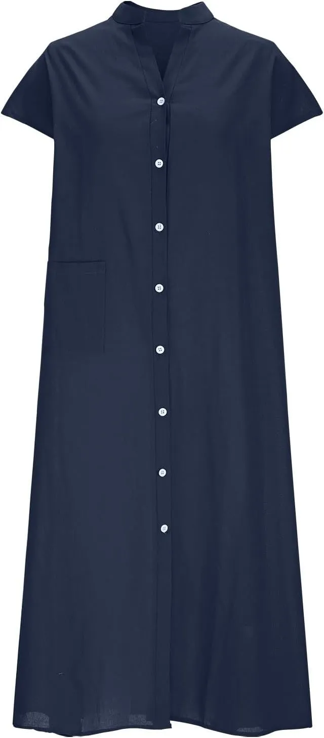 Women's Cotton Linen Dress Casual Button Up Cap Sleeve Loose Fit Long Dress Summer Fashion Comfort Lounge Sundress