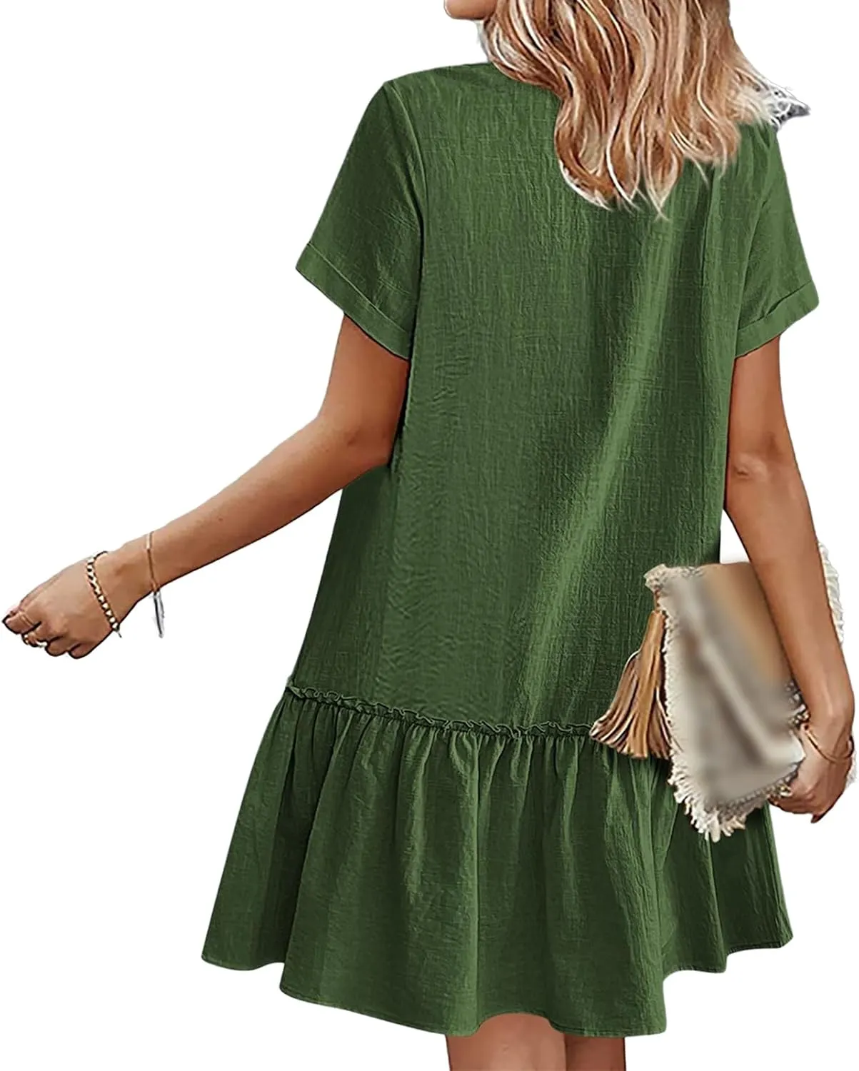 Womens Cotton Linen Dress Summer Casual T-Shirt Dresses Short Sleeve V Neck Ruffle Dress 2025 A Line Dresses Pockets