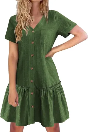 Womens Cotton Linen Dress Summer Casual T-Shirt Dresses Short Sleeve V Neck Ruffle Dress 2025 A Line Dresses Pockets