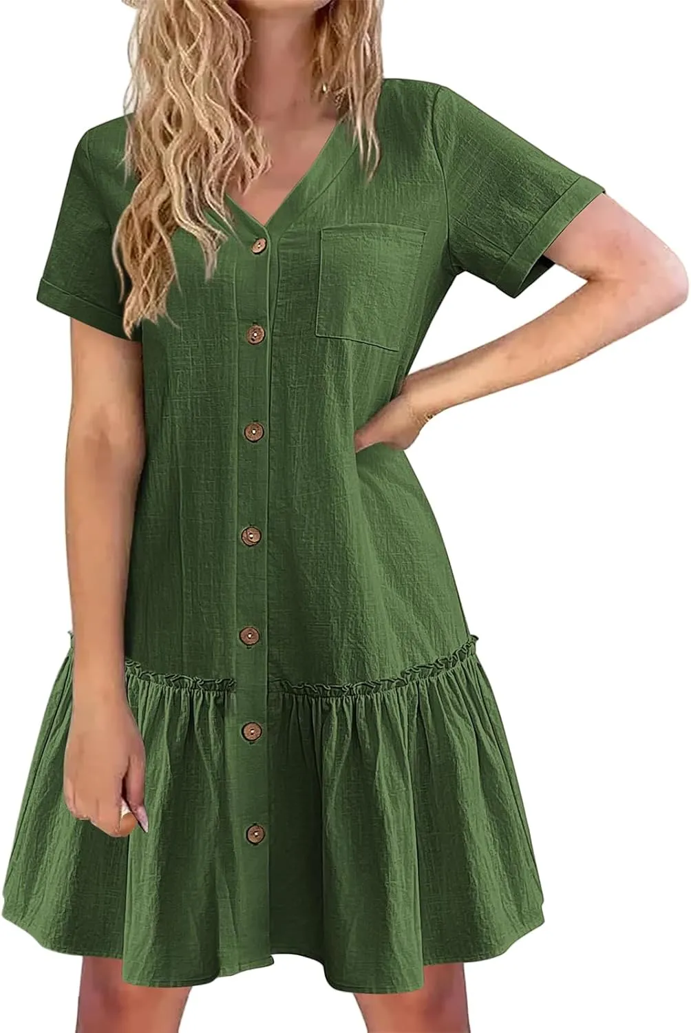 Womens Cotton Linen Dress Summer Casual T-Shirt Dresses Short Sleeve V Neck Ruffle Dress 2025 A Line Dresses Pockets