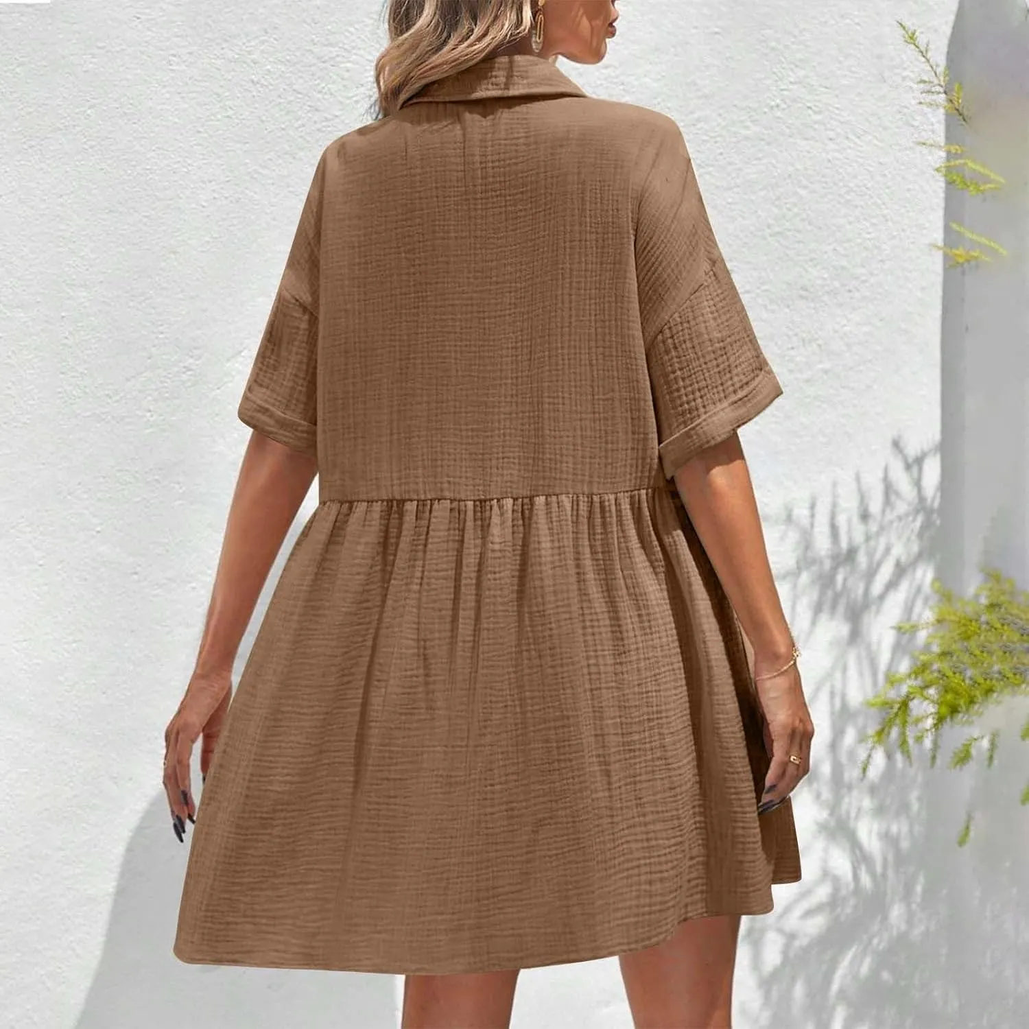 Womens Cotton Linen Short Sleeve Sundress Button Down Mini Shirt Dress 2025 Casual Babydoll Tunic Loose Beach Dresses