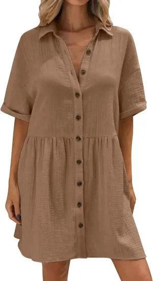 Womens Cotton Linen Short Sleeve Sundress Button Down Mini Shirt Dress 2025 Casual Babydoll Tunic Loose Beach Dresses