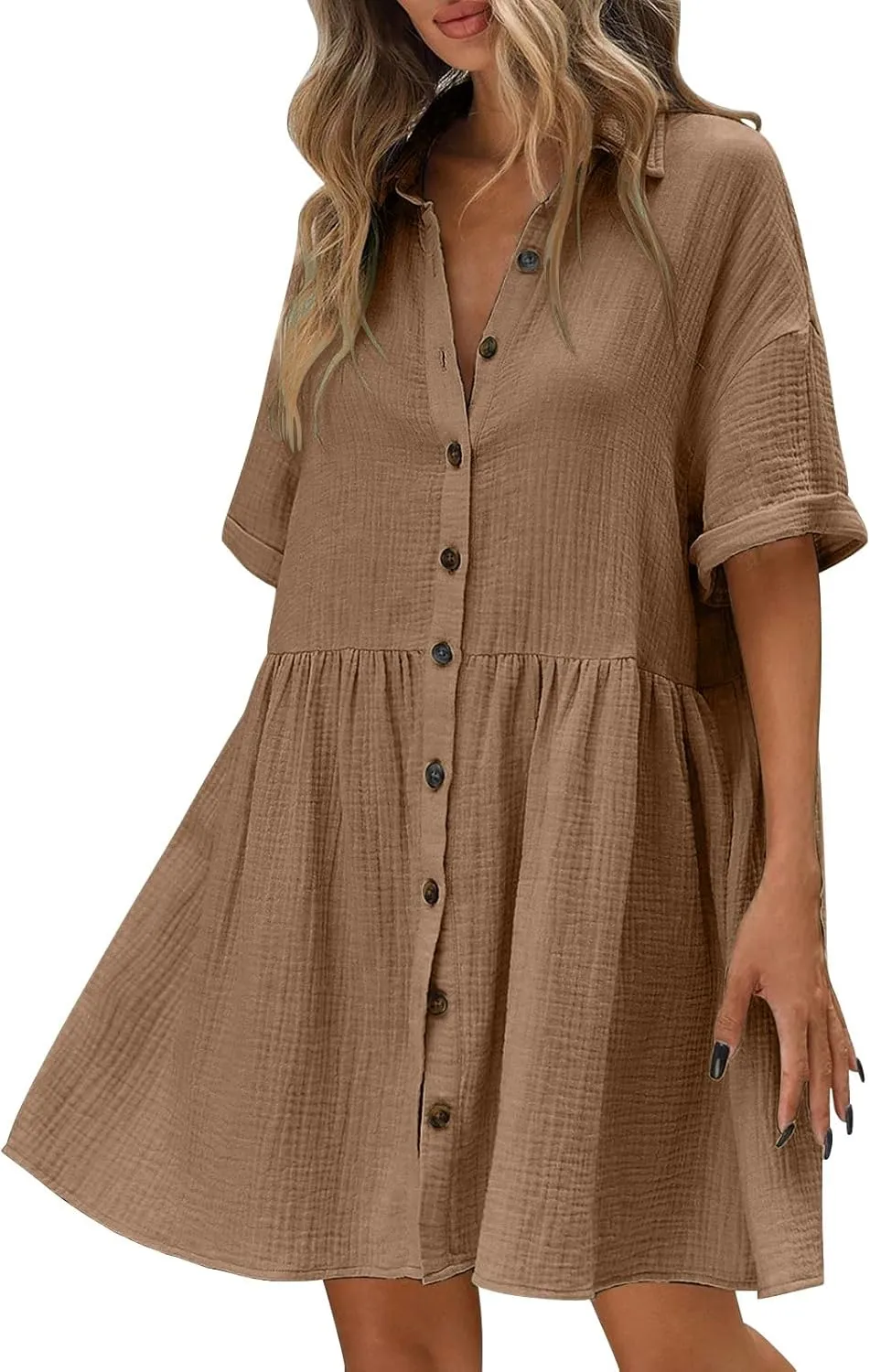 Womens Cotton Linen Short Sleeve Sundress Button Down Mini Shirt Dress 2025 Casual Babydoll Tunic Loose Beach Dresses