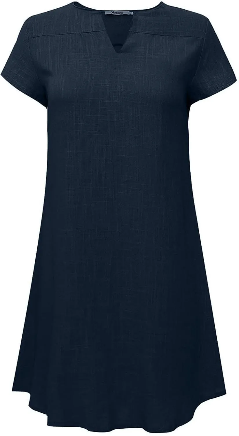 Women's Cotton Linen Tshirt Dresses Short Sleeve Casual Fashion Dress Shift Mini Dresses Vintage Spring Holiday Dresses