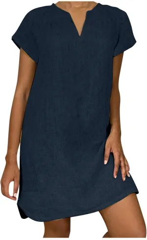 Women's Cotton Linen Tshirt Dresses Short Sleeve Casual Fashion Dress Shift Mini Dresses Vintage Spring Holiday Dresses