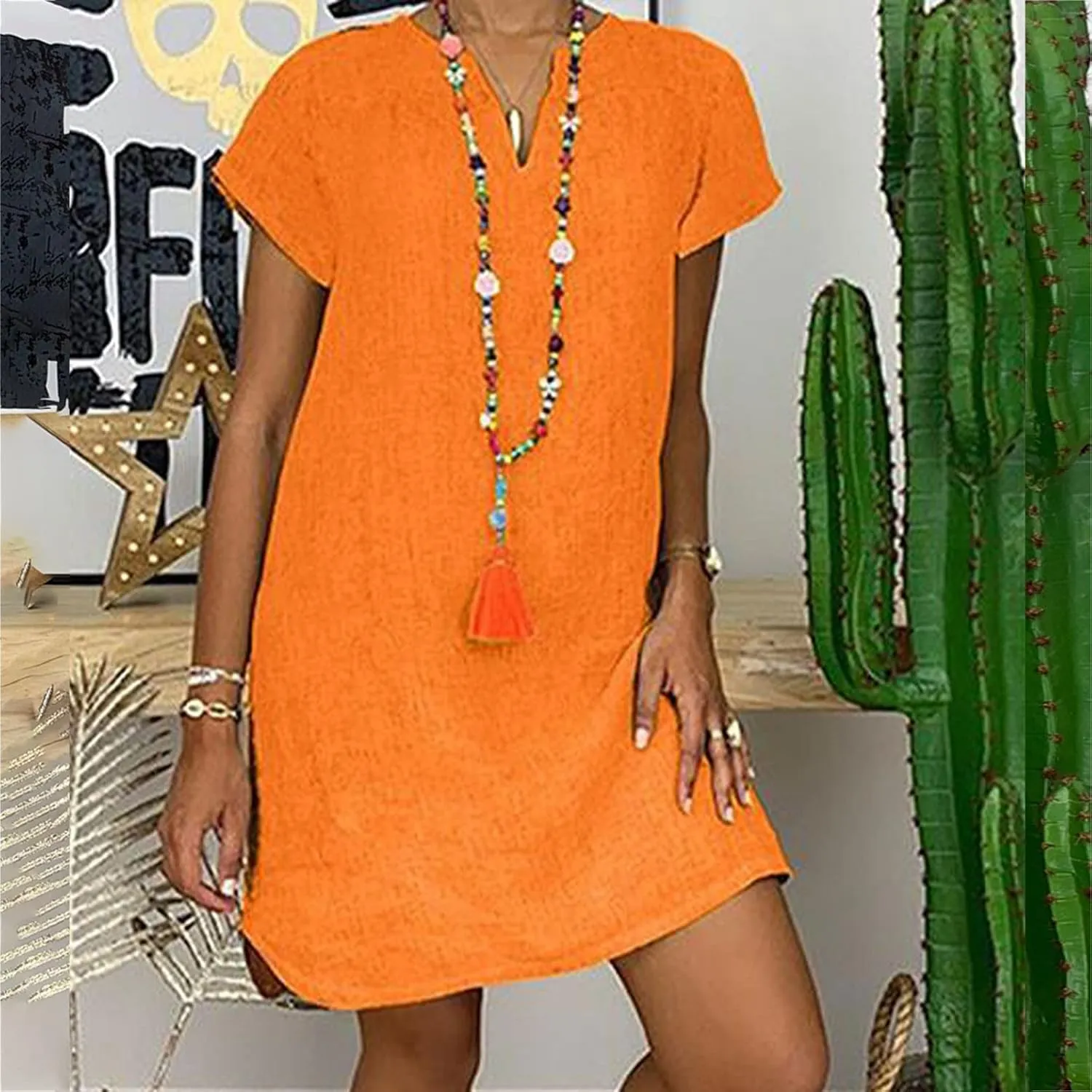 Women's Cotton Linen Tshirt Dresses Short Sleeve Casual Fashion Dress Shift Mini Dresses Vintage Spring Holiday Dresses