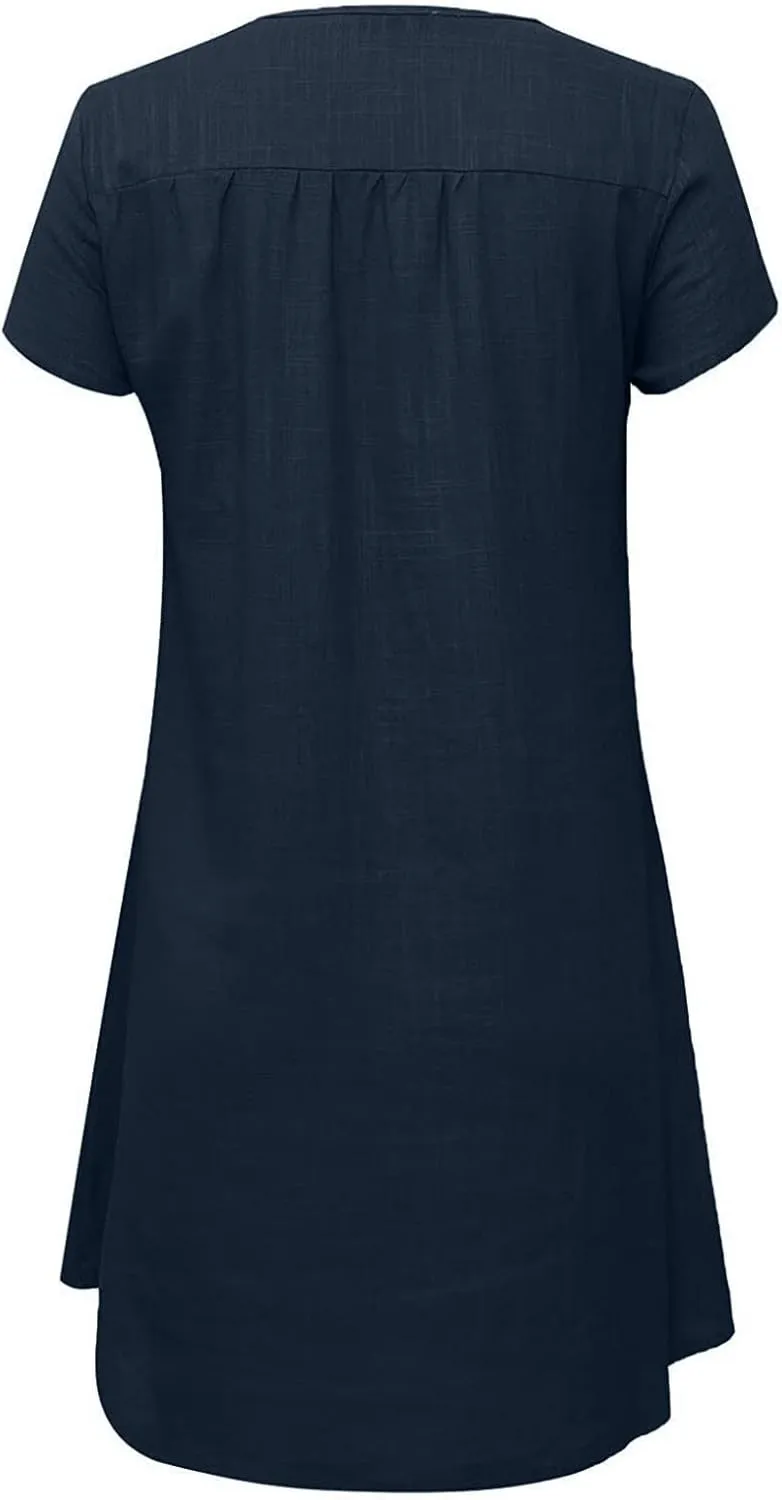Women's Cotton Linen Tshirt Dresses Short Sleeve Casual Fashion Dress Shift Mini Dresses Vintage Spring Holiday Dresses