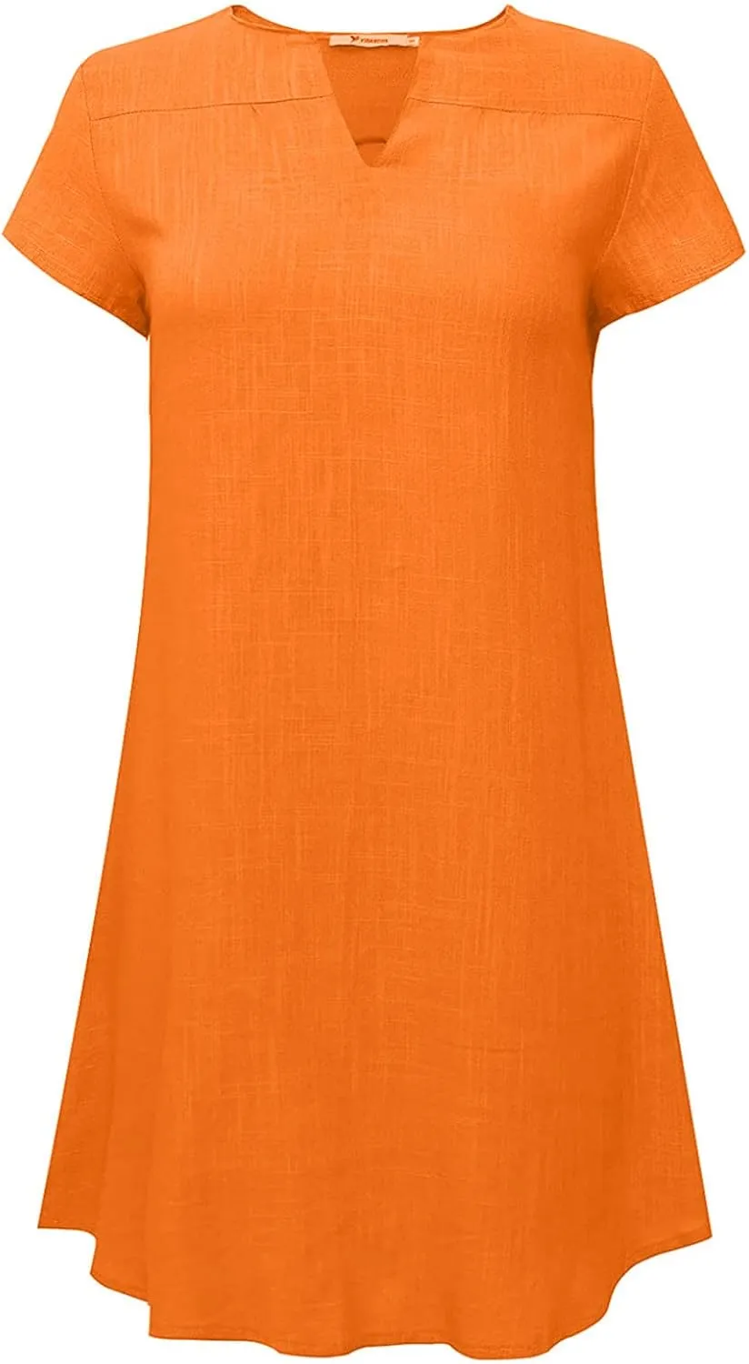 Women's Cotton Linen Tshirt Dresses Short Sleeve Casual Fashion Dress Shift Mini Dresses Vintage Spring Holiday Dresses