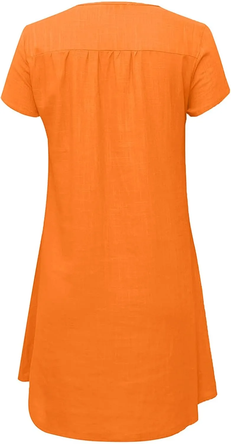 Women's Cotton Linen Tshirt Dresses Short Sleeve Casual Fashion Dress Shift Mini Dresses Vintage Spring Holiday Dresses