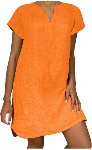 Women's Cotton Linen Tshirt Dresses Short Sleeve Casual Fashion Dress Shift Mini Dresses Vintage Spring Holiday Dresses