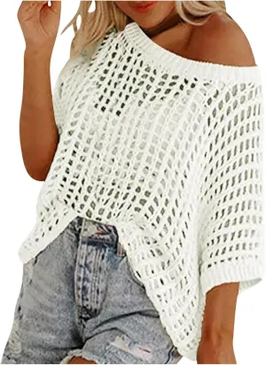 Womens Crochet Tops Scoop Neck Short Sleeve Sweater Fashion Casual Hollow Out Knit Tops Pullover Shirts Beach Coverup
