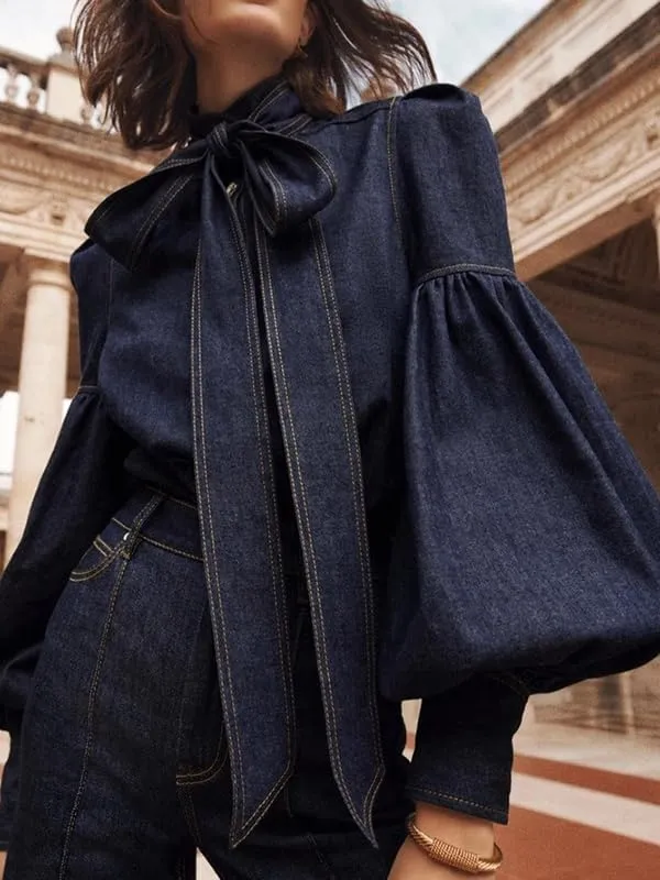 Womens Denim Blouse Pullover Bow-Embellished Long Puff Sleeve Jean Buttoned Vintage Shirts Tops