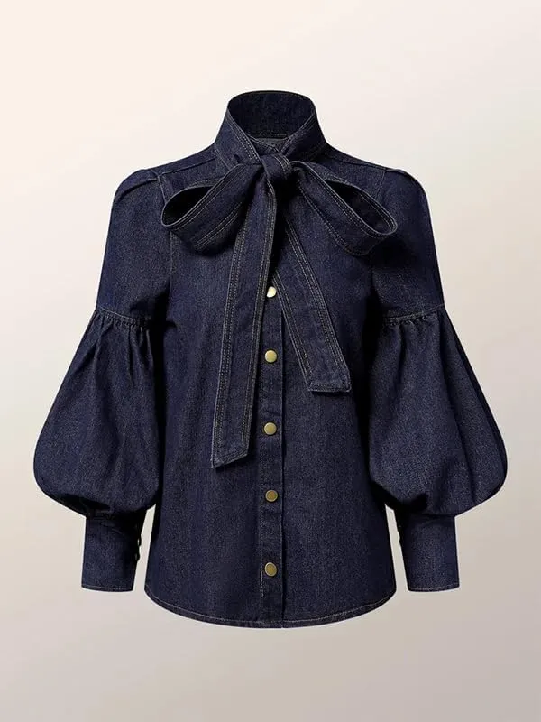 Womens Denim Blouse Pullover Bow-Embellished Long Puff Sleeve Jean Buttoned Vintage Shirts Tops