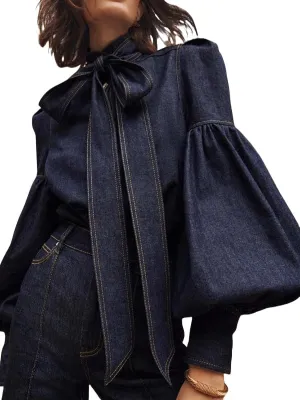 Womens Denim Blouse Pullover Bow-Embellished Long Puff Sleeve Jean Buttoned Vintage Shirts Tops