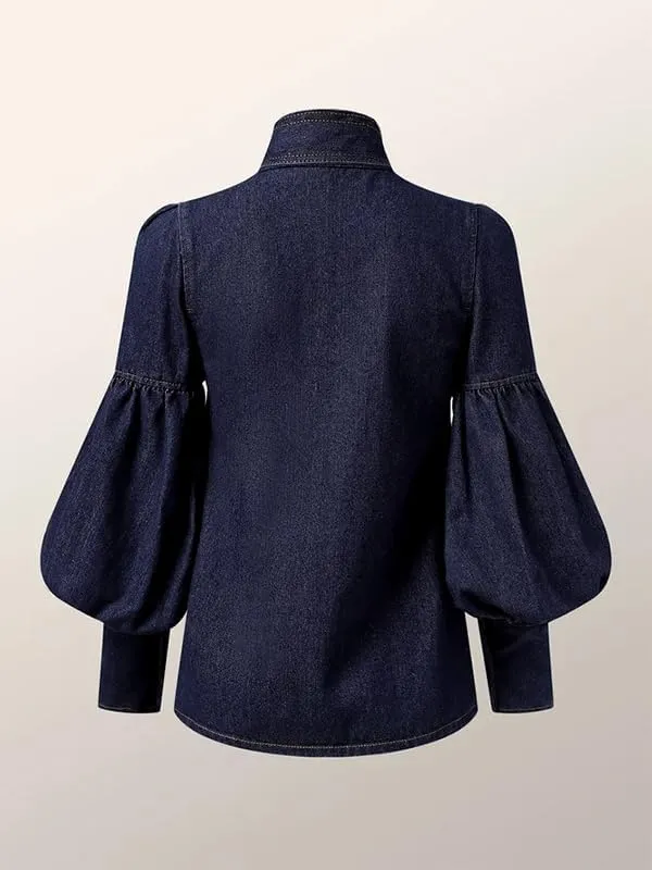 Womens Denim Blouse Pullover Bow-Embellished Long Puff Sleeve Jean Buttoned Vintage Shirts Tops