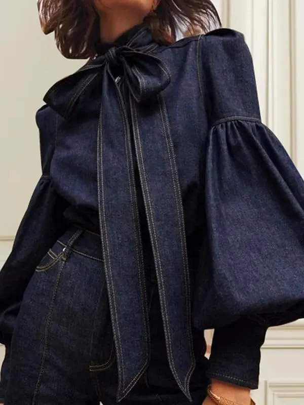 Womens Denim Blouse Pullover Bow-Embellished Long Puff Sleeve Jean Buttoned Vintage Shirts Tops