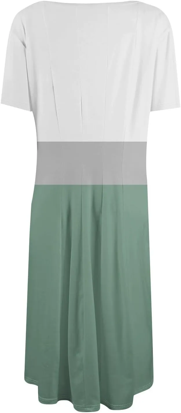 Womens Dresses 2025 Summer Crewneck Short Sleeve Midi Sun Dress Vacation Empire Waist A Line Dress Side Pockets