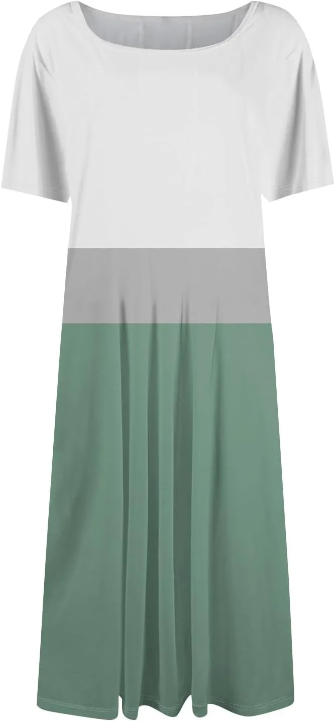 Womens Dresses 2025 Summer Crewneck Short Sleeve Midi Sun Dress Vacation Empire Waist A Line Dress Side Pockets