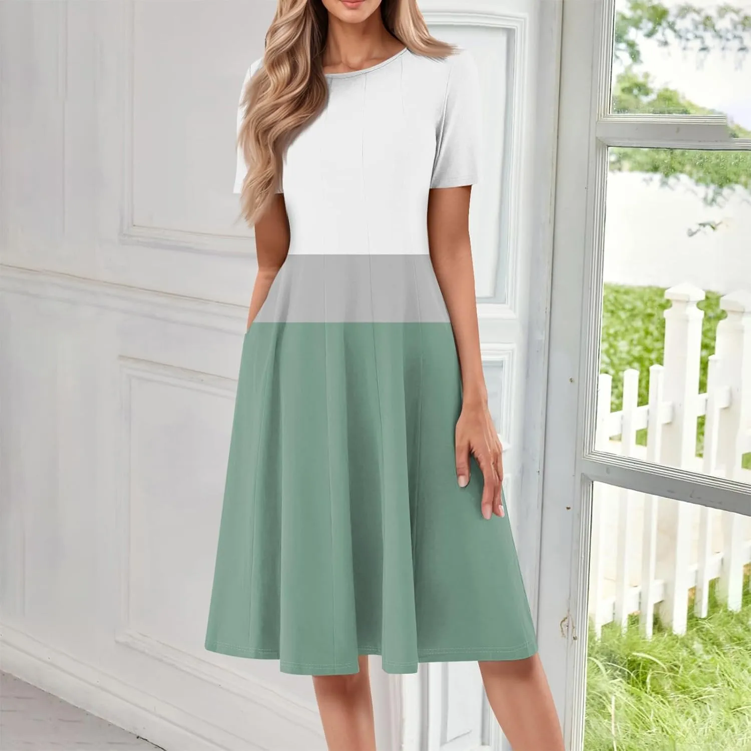 Womens Dresses 2025 Summer Crewneck Short Sleeve Midi Sun Dress Vacation Empire Waist A Line Dress Side Pockets