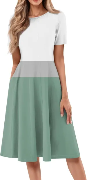Womens Dresses 2025 Summer Crewneck Short Sleeve Midi Sun Dress Vacation Empire Waist A Line Dress Side Pockets