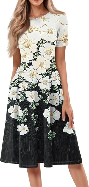 Womens Dresses 2025 Summer Empire Waist Midi Sun Dress Vacation Crewneck Short Sleeve A Line Dress Side Pockets