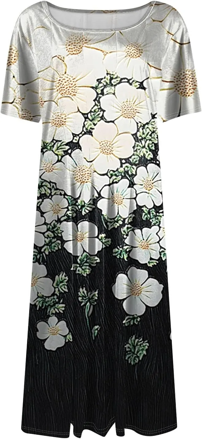 Womens Dresses 2025 Summer Empire Waist Midi Sun Dress Vacation Crewneck Short Sleeve A Line Dress Side Pockets