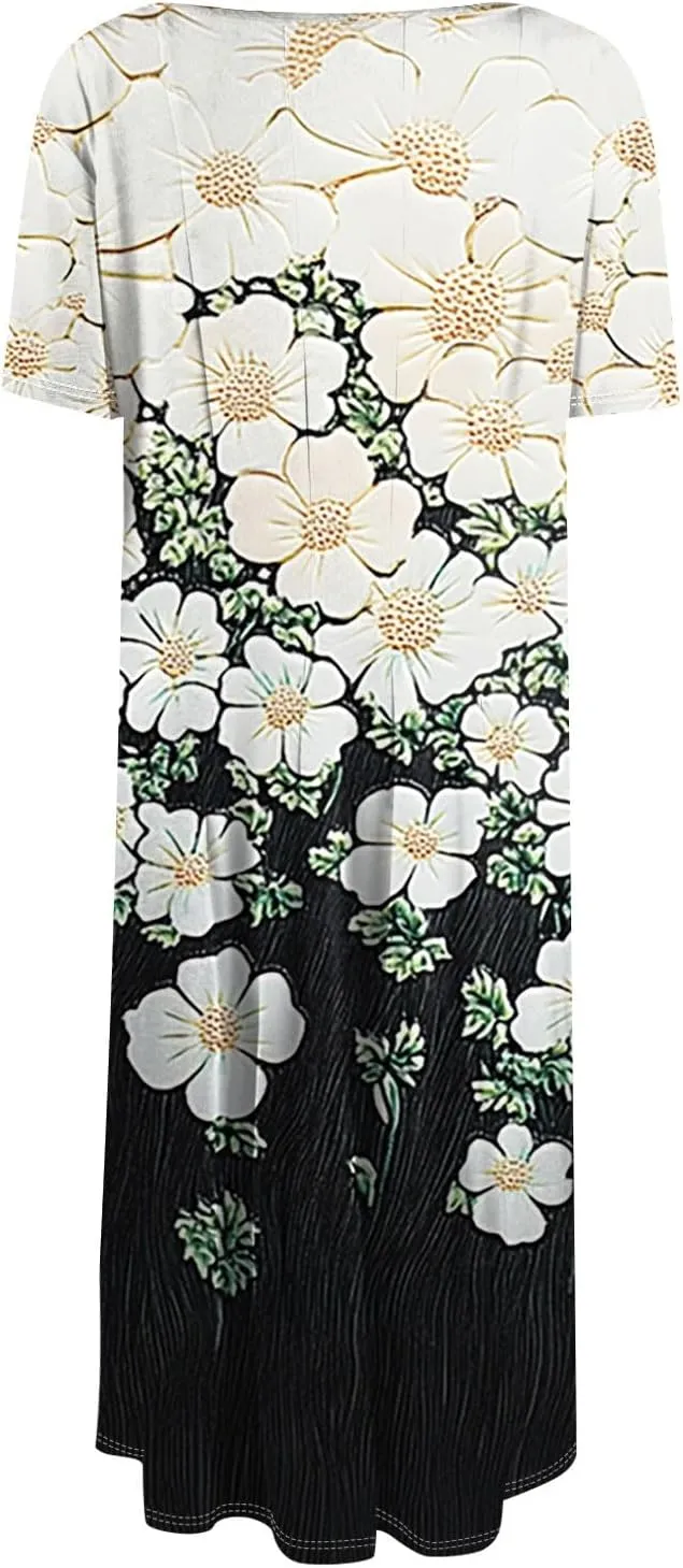 Womens Dresses 2025 Summer Empire Waist Midi Sun Dress Vacation Crewneck Short Sleeve A Line Dress Side Pockets