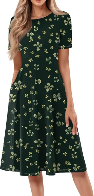 Womens Dresses 2025 Summer Empire Waist Midi Sun Dress Vacation Crewneck Short Sleeve A Line Dress Side Pockets