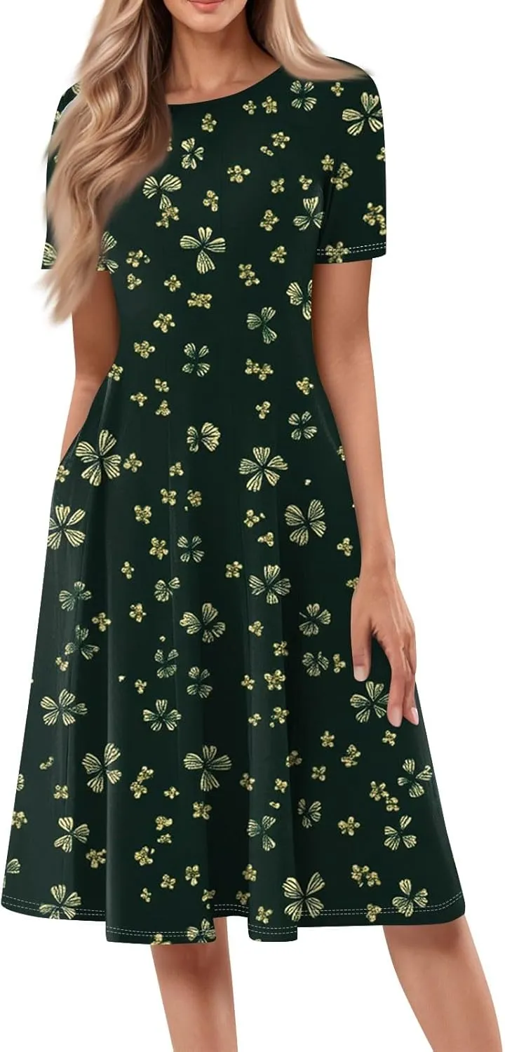 Womens Dresses 2025 Summer Empire Waist Midi Sun Dress Vacation Crewneck Short Sleeve A Line Dress Side Pockets