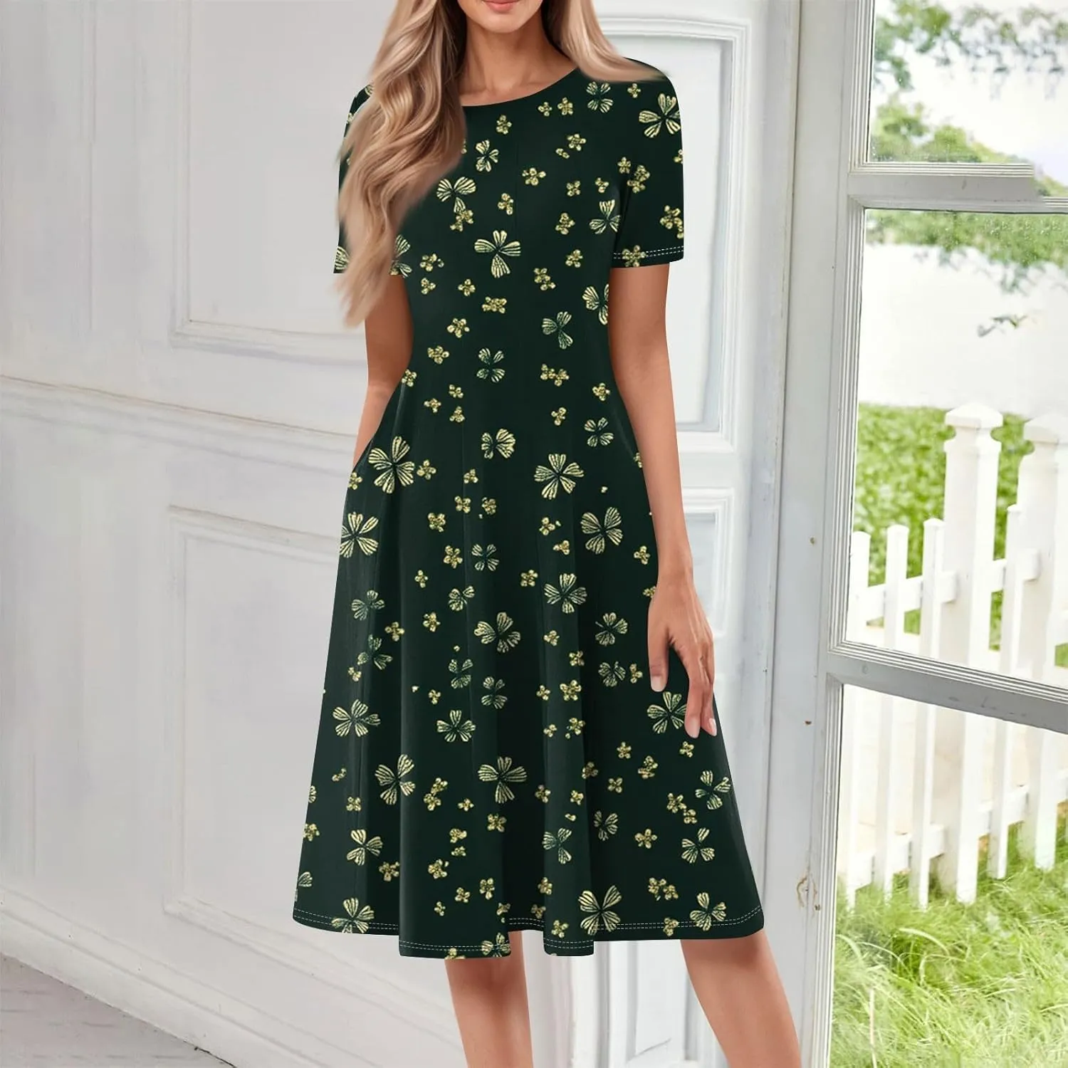 Womens Dresses 2025 Summer Empire Waist Midi Sun Dress Vacation Crewneck Short Sleeve A Line Dress Side Pockets