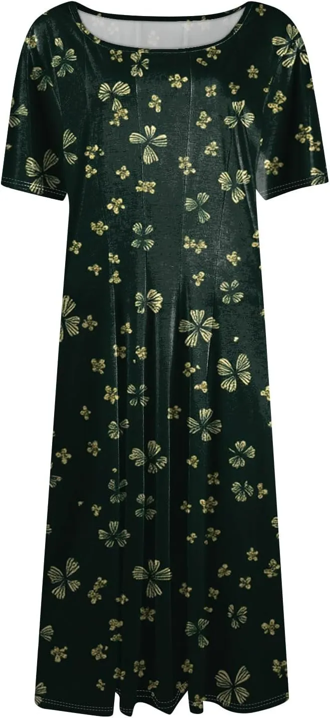 Womens Dresses 2025 Summer Empire Waist Midi Sun Dress Vacation Crewneck Short Sleeve A Line Dress Side Pockets