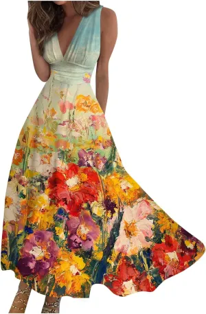 Womens Dresses High Waiste Printed Sundresses Deep V Neck Sleeveless Dresses Flowy Stylish Dresses Retro Maxi Dress