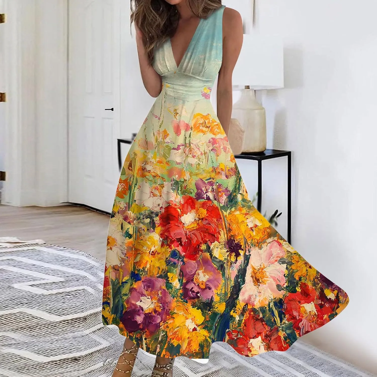 Womens Dresses High Waiste Printed Sundresses Deep V Neck Sleeveless Dresses Flowy Stylish Dresses Retro Maxi Dress