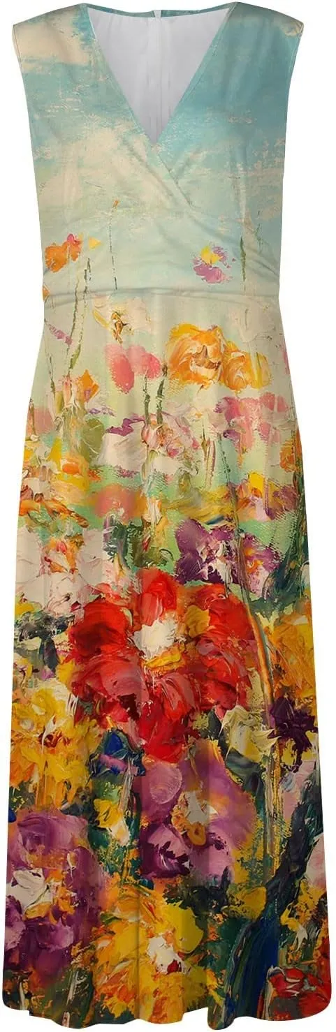 Womens Dresses High Waiste Printed Sundresses Deep V Neck Sleeveless Dresses Flowy Stylish Dresses Retro Maxi Dress